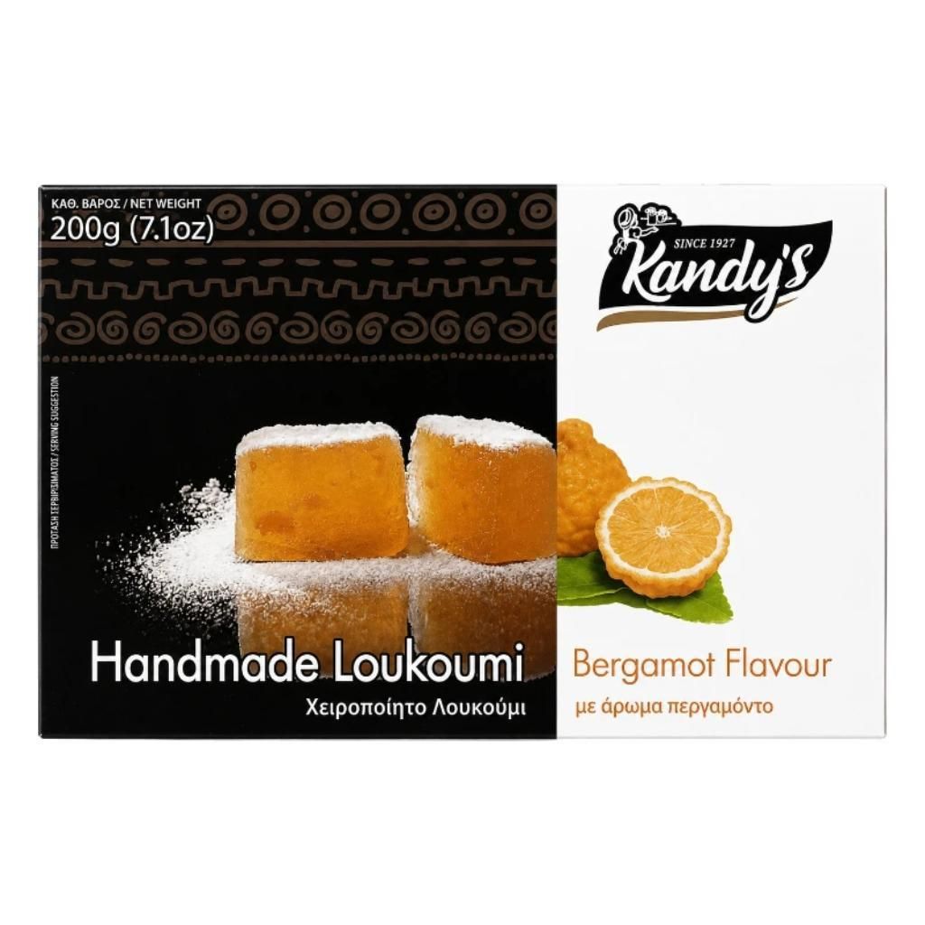 Kandylas Handmade Loukoumi mit Bergamotte-Geschmack Verpackung auf weißem Hintergrund