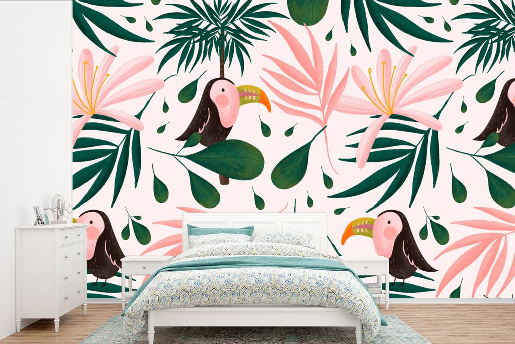 MuchoWow Fototapete für Wohnzimmer oder Schlafzimmer Wandtapete Vinyl Motivtapete Tukan - Vogel - Blatt - Dschungel - 360x240 cm - Vinyl-Tapete