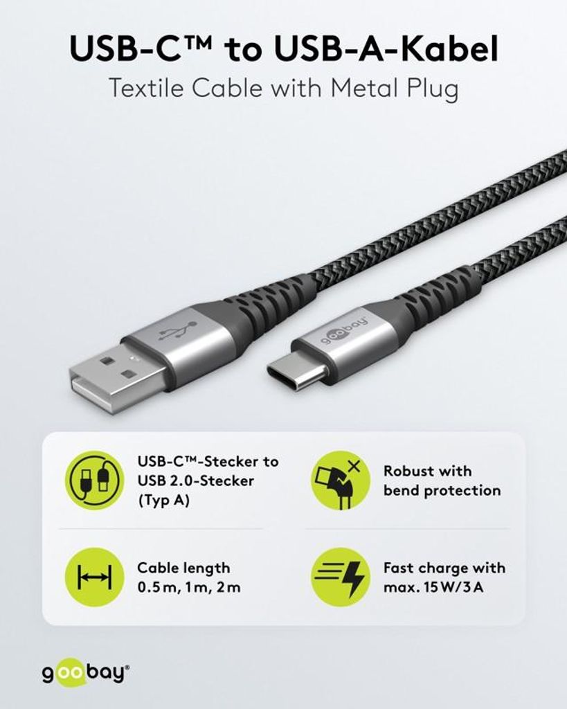 Goobay USB-C auf USB-A Textilkabel mit Metallsteckern Produktbild 