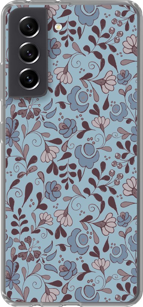 MuchoWow Handyhülle Schutzhülle Hülle für Telefoonhoesje Samsung Galaxy S21 FE Muster - Blume - Grau - Blau Silikon Softcase Handy Hülle - M...