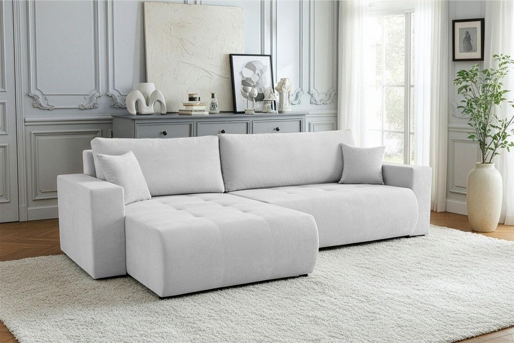 Ecksofa Schlafsofa Sofa ARMARI in Stoff Wind Hellgrau Ottomane Rechts