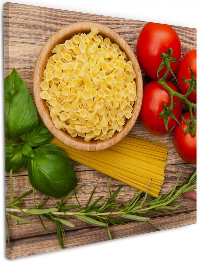 Wallario Premium Leinwandbild Spaghetti mit Tomaten, Knoblauch und Basilikum in Größe 50 x 50 cm