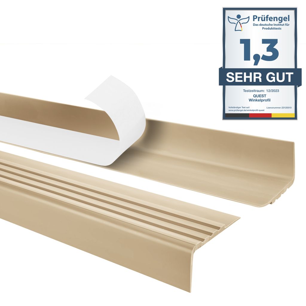 QUEST Treppenkantenprofil Selbstklebend 27x30mm, 1m PVC Kunststoff, Antirutsch-Profil, Treppenleiste RM, beige