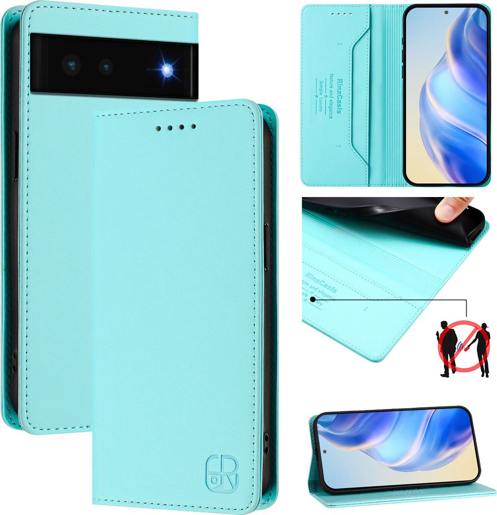 Lederhülle für Google Pixel 6 Hülle Flip Brieftasche Kartenfächern Ständer Schutzhülle Türkis