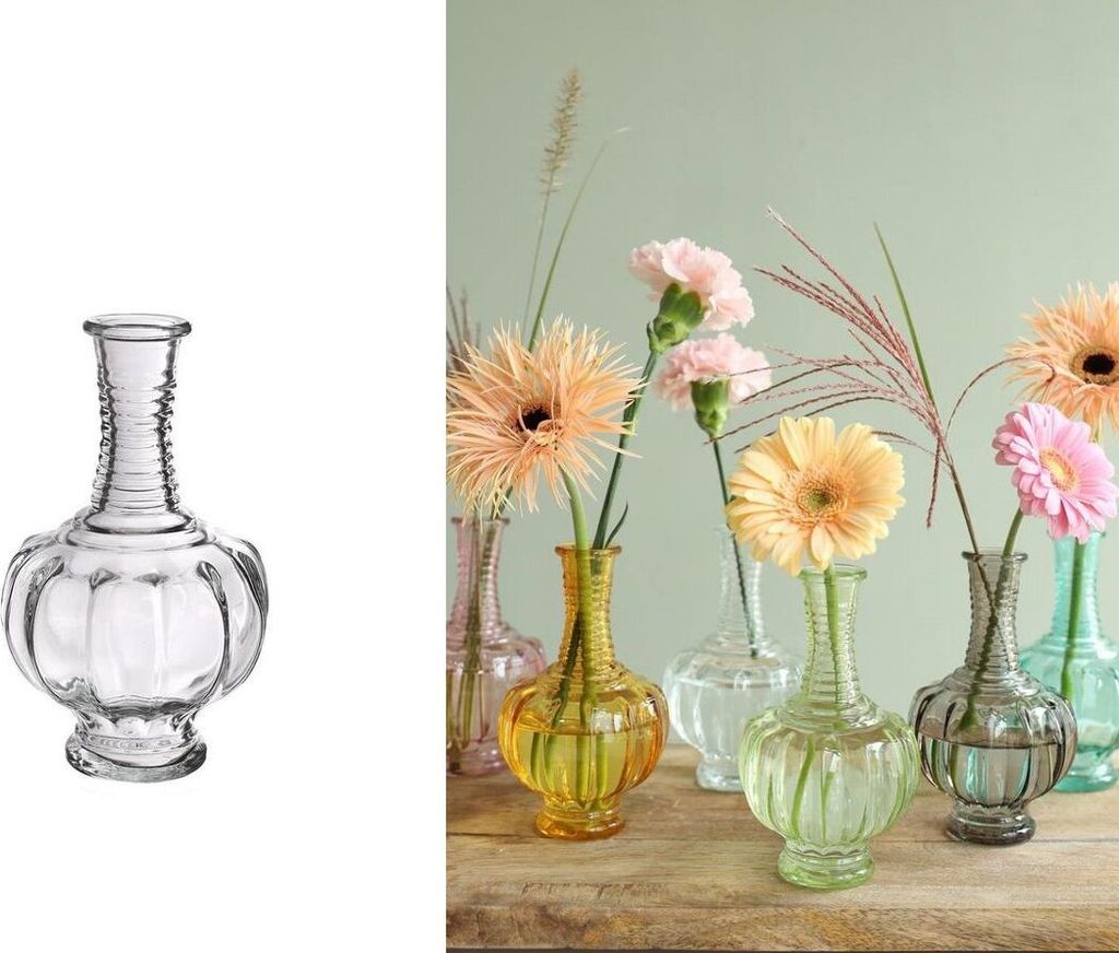 Vintage Glasvase 15 cm, in vielen Farben – Kleine Tischvase für Trockenblumen & Blumensträuße – Hochzeitsvase – Deko Glasflasche, Farbe:Gl...