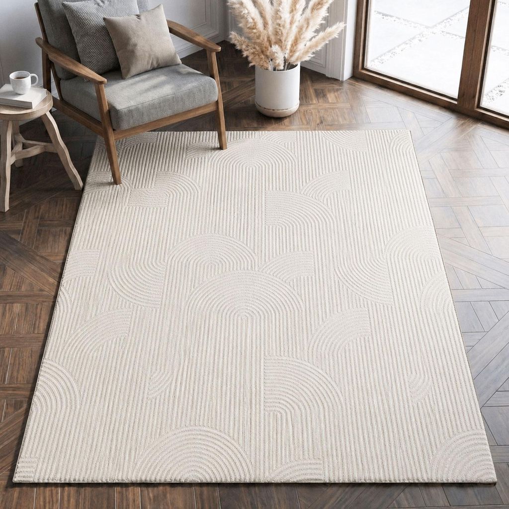 Moderner Teppich Wohnzimmer Schlafzimmer Abstrakt Einfarbig 3D Optik Beige 80x150 cm