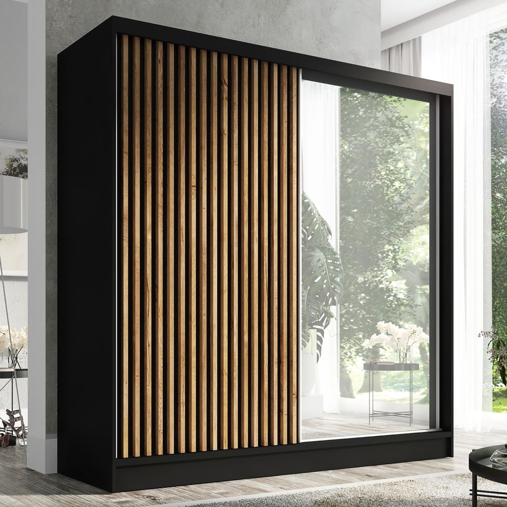 Schwebetürenschrank LINA 200 cm 2-türig Schrank mit Spiegel und 3D-Lamellen Premum. Schwarz