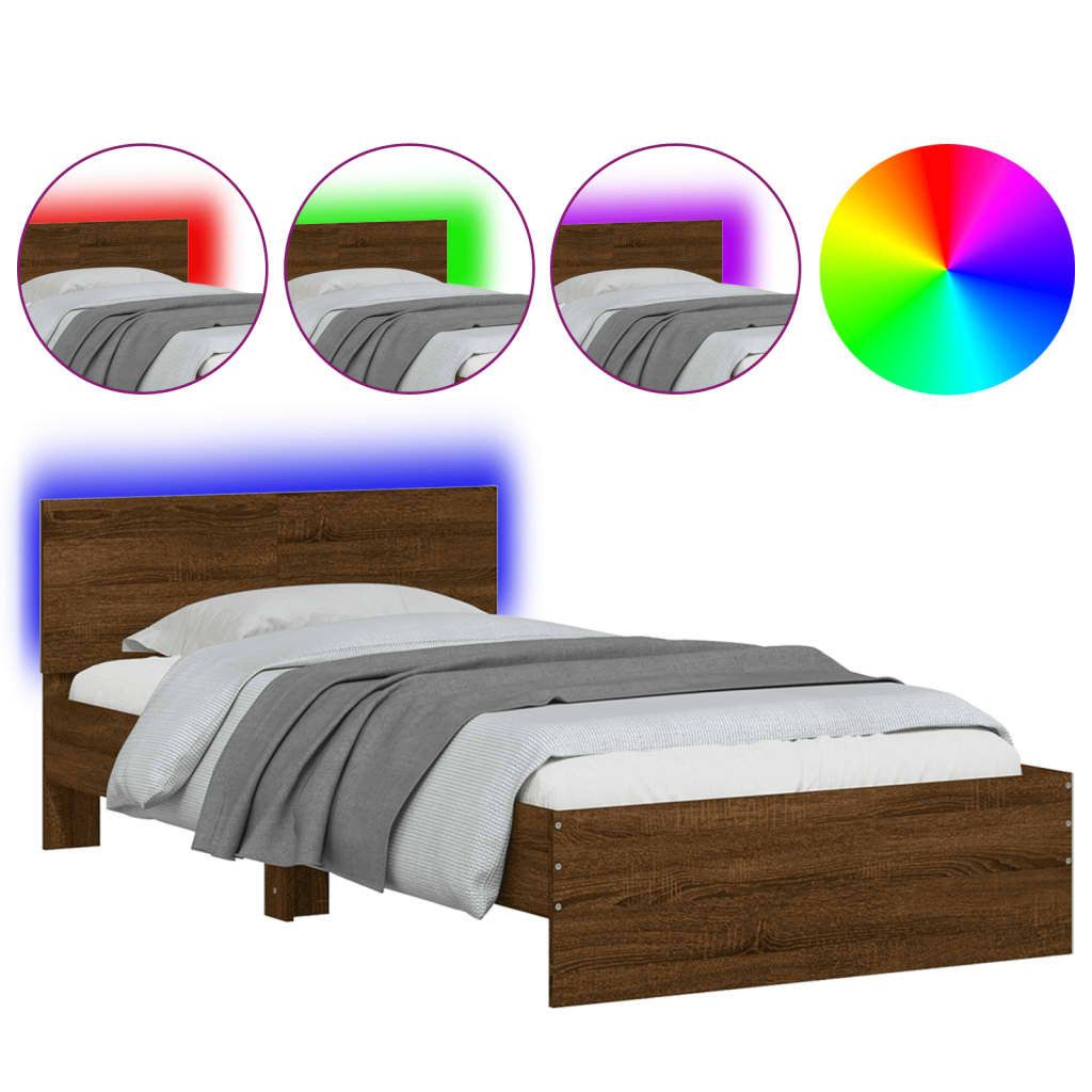 "2026 Aktion"Bettgestell Stylishces - Einzelbett/Jugendbett mit Lattenrost - mit Kopfteil - und LED-Leuchten Braun Eiche 100x200cm - Klassische Bet...