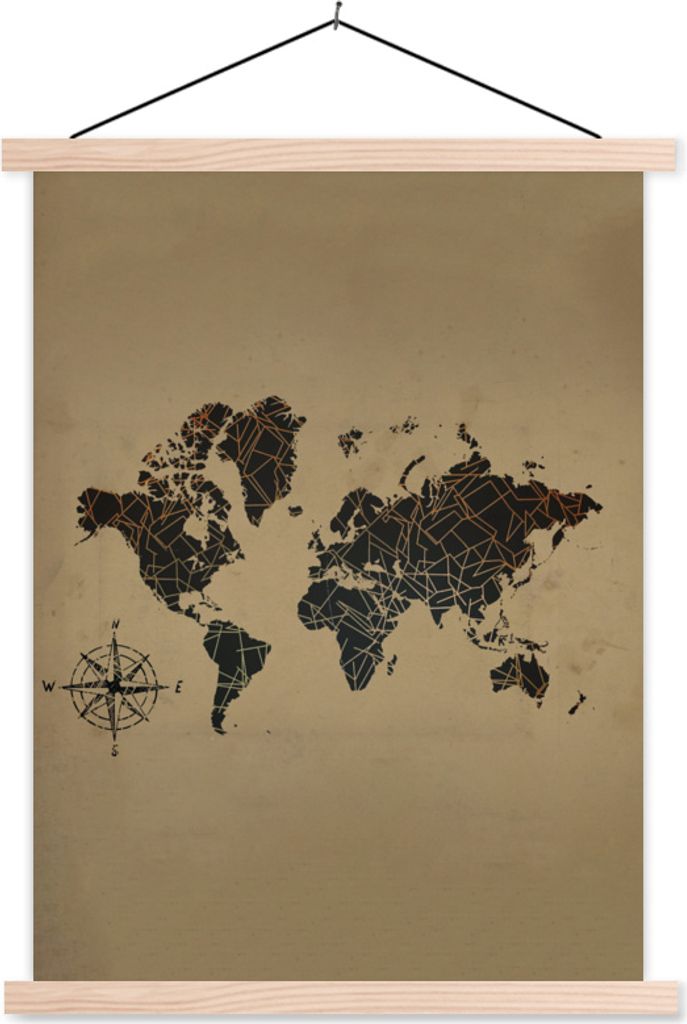 MuchoWow Textilposter Weltkarte - Vintage - Kompass 120x160 cm mit holzfarbenen Rahmen - Plakatkarton