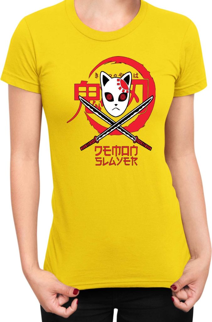 Damen T-Shirt Demon Anime Slayer Kimetsu No Yaiba Mask 001, Lady M / Gelb