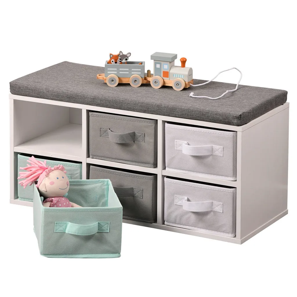 Meuble de Rangement Enfant avec 6 Paniers Textiles Banc Design Blanc