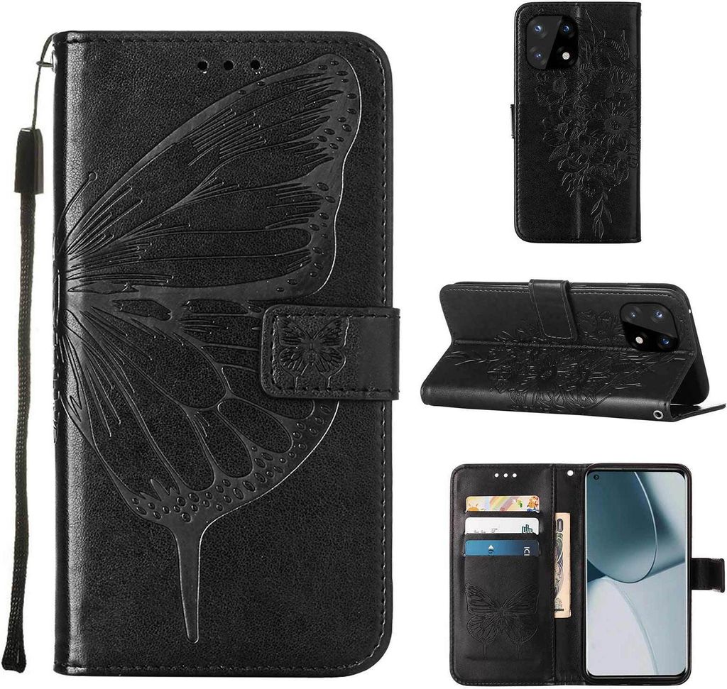 OnePlus 10 Pro Hülle, Schmetterling Prägung Flip Leder Kartenfächer Schutzhülle Ledertasche mit Ständer für OnePlus 10 Pro Schwarz