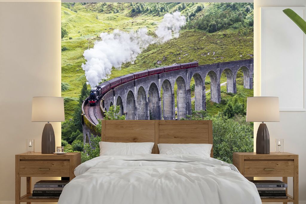 MuchoWow Fototapete für Wohnzimmer oder Schlafzimmer Wandtapete Vinyl Motivtapete Dampfzug inmitten der grünen Landschaft Schottlands - 300x300...