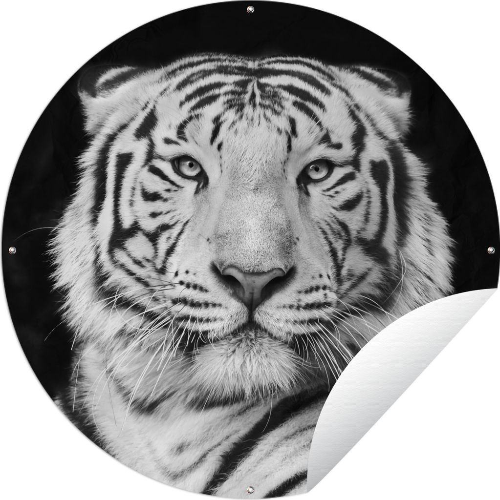 MuchoWow Gartenposter Outdoor-Poster Rund Tiger - Schwarz - Weiß - Porträt - Tiere Ø 120 cm Gartendeko Rundes Poster draußen
