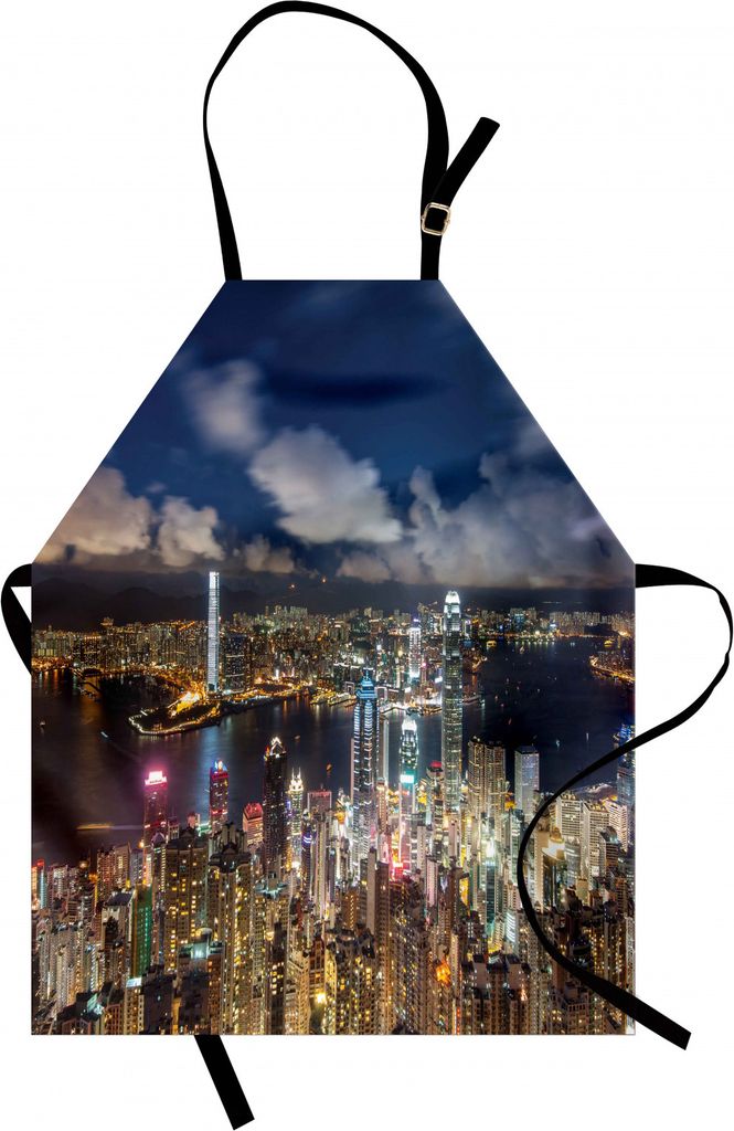 ABAKUHAUS Stadtbild Kochschürze, Nachtansicht-Hong Kong Victoria Harbour Business-Finanzbezirk-Stadtbild-Druck, Farbfest Höhenverstellbar Waschba...