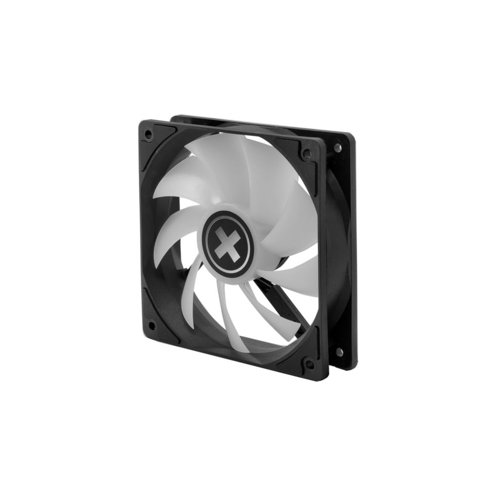 A computer fan with translucent blades and a black frame, set against a white background.