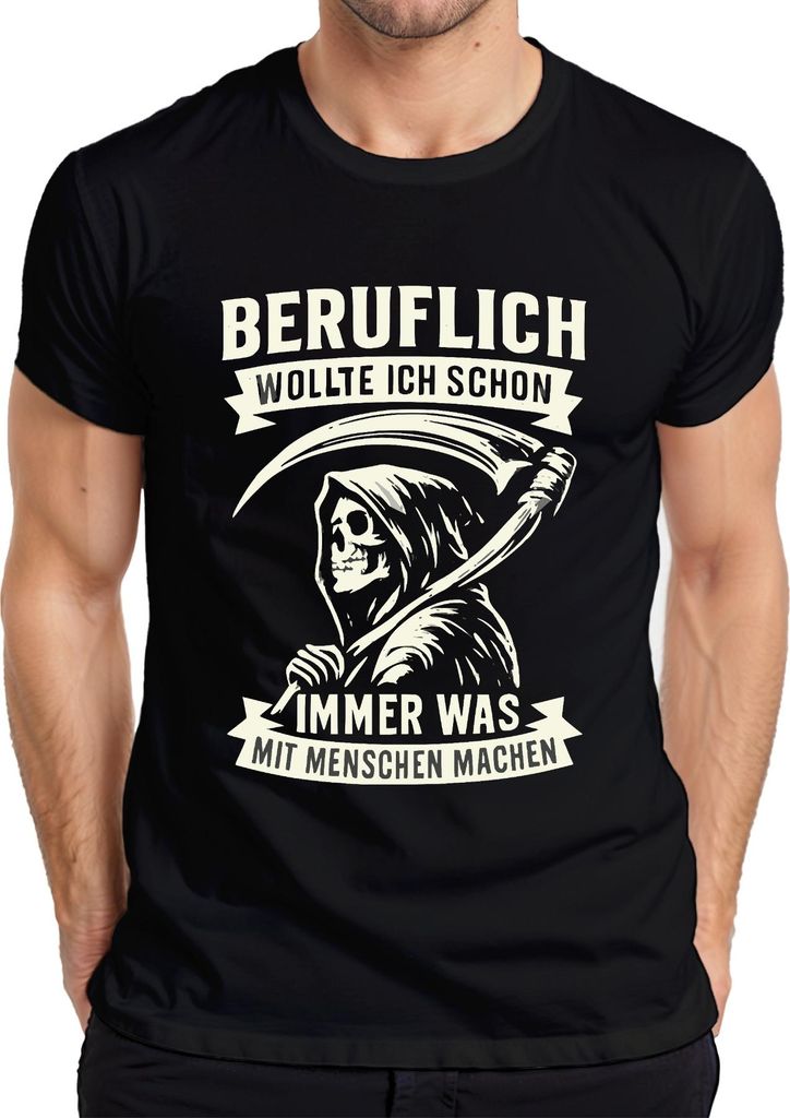 Wollte immer was mit Menschen machen Sensenmann Humor Gothic retr Herren T-Shirt, Schwarz, XXL