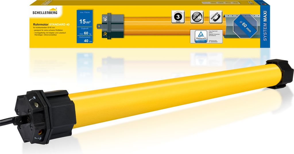 A yellow roller shutter motor is shown against a white background, with its packaging box visible above.