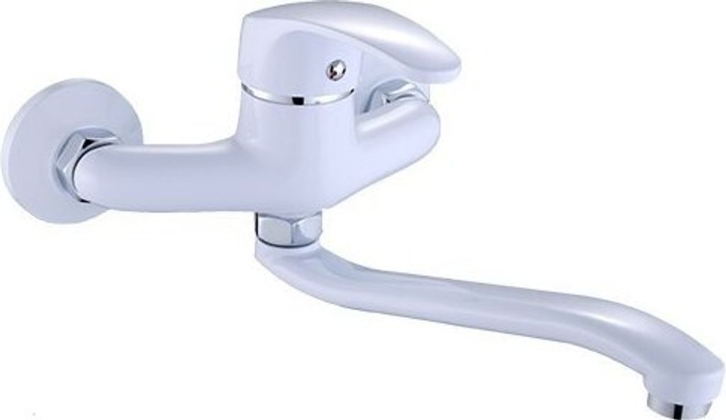 A white wall-mounted kitchen faucet with a long, curved spout.