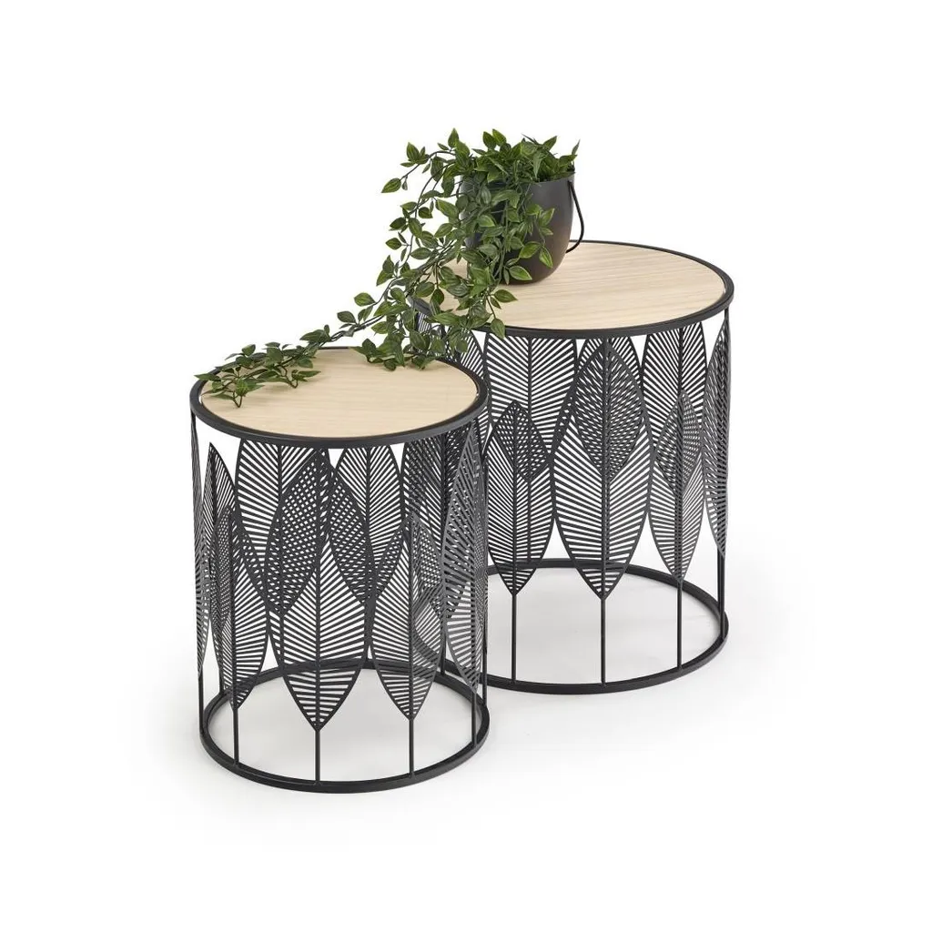 Ensemble de 2 bancs Folla en métal noir et bois pour intérieur moderne