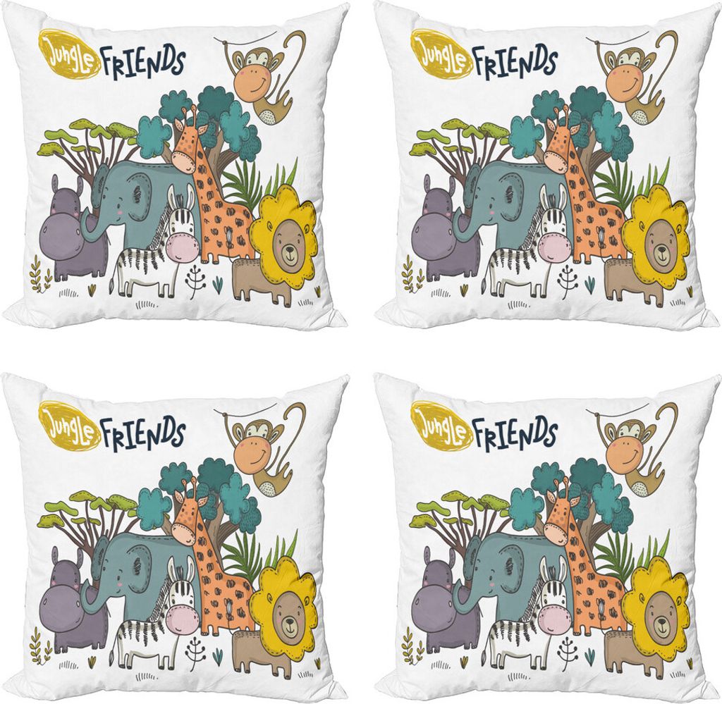ABAKUHAUS Tier Kissenbezug Set (4 Stück), Cartoon-Dschungel-Freunde Fauna, Moderner Doppelseitiger Digitaldruck, 50 cm x 50 cm, Mehrfarbig