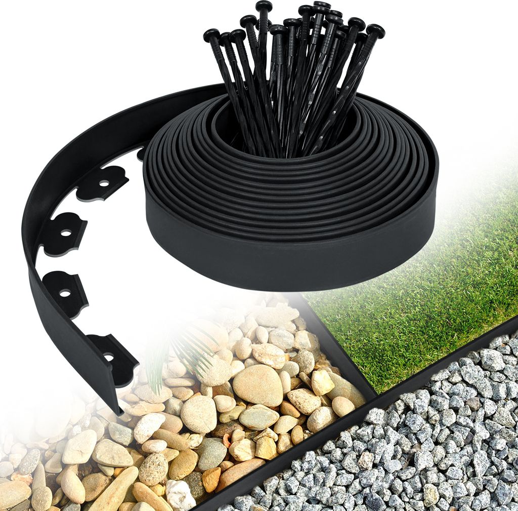 Sessamen-LP 10M Flexible Rasenkante aus Kunststoff mit 30 Erdanker zur Verankerung Beetumrandung Pflastersteine Mähkante Garten dekorativ(Schwarz)