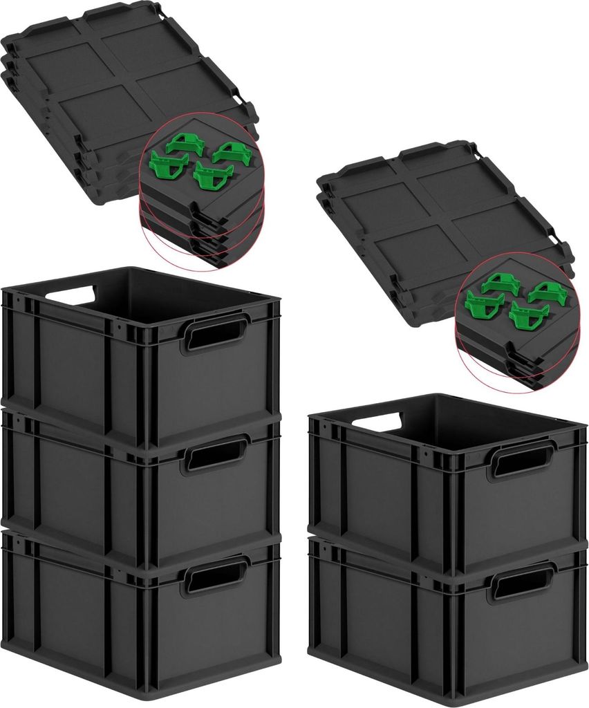 SuperSparSet 5x Eurobox NextGen Grip mit Scharnierdeckel und grünen Schiebeschnappverschlüssen | HxBxT 22x30x40cm | 20 Liter | Schwarz | Griffe o...