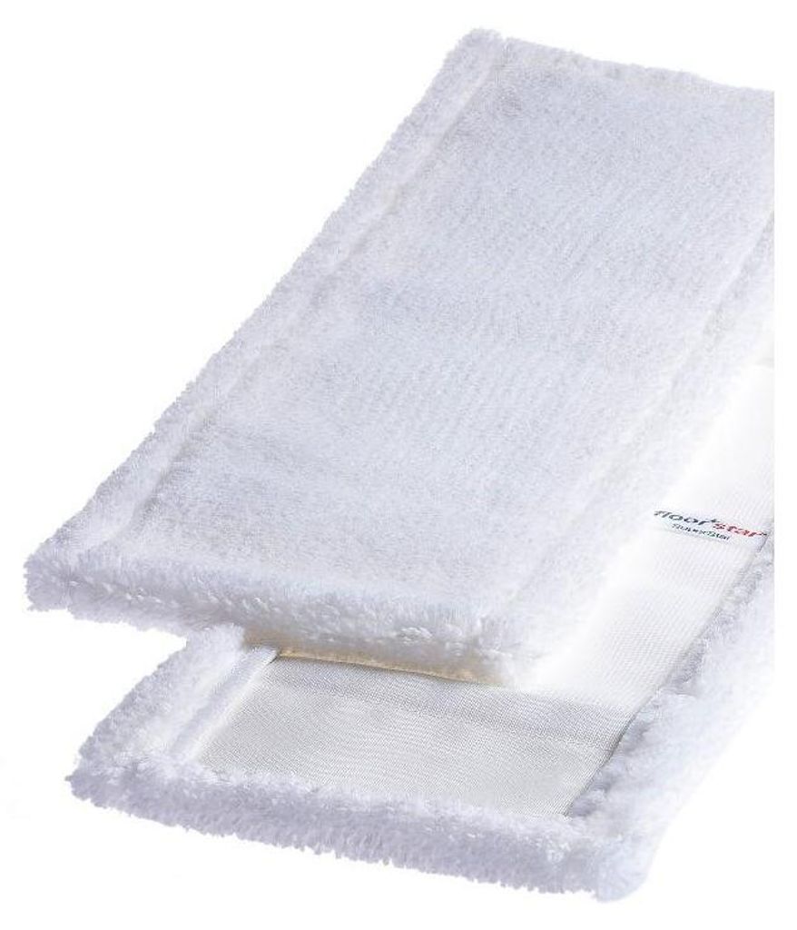 A close-up shot of a white microfiber mop head against a white background.