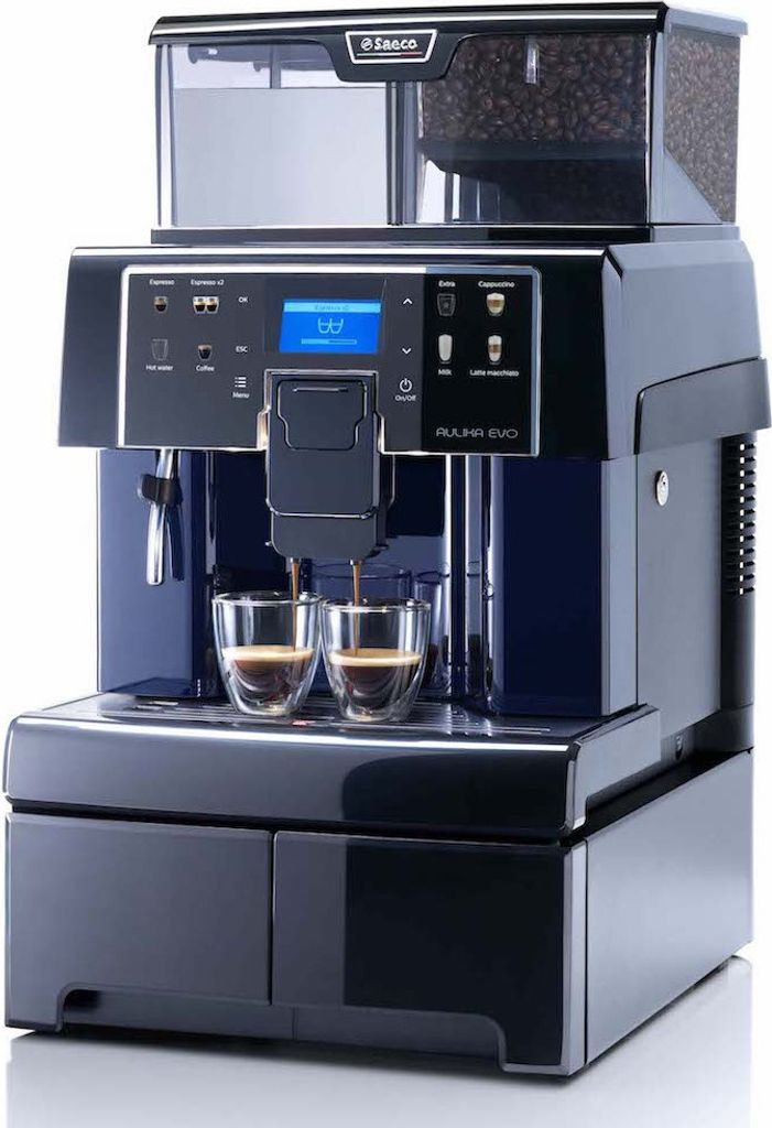 A Saeco Aulika EVO Office coffee machine is shown from the front, brewing coffee into two glass cups.