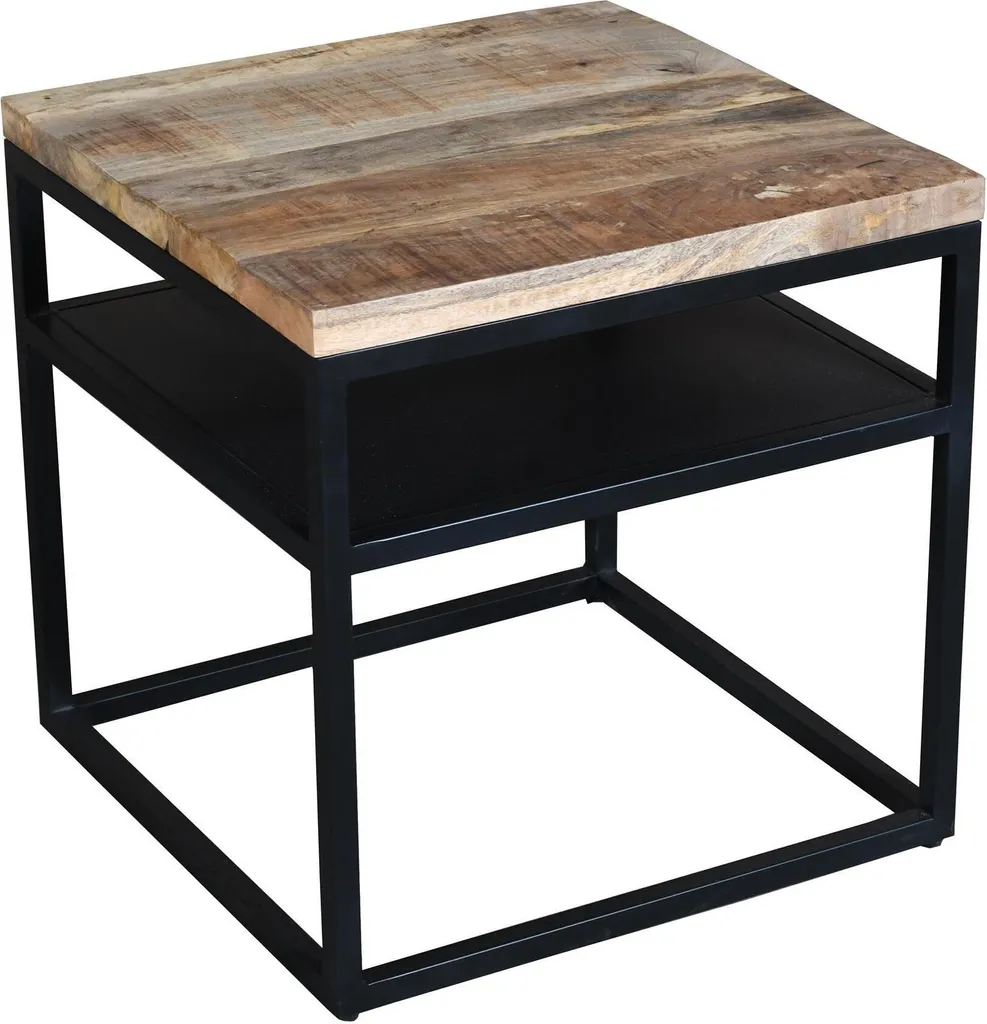 Table basse IRON en bois véritable brun et pieds métal noir 50x50x52