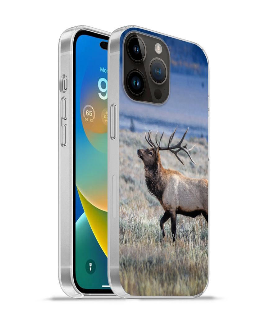 MuchoWow Handyhülle Schutzhülle Hülle für Apple iPhone 14 Pro - Softcase Hirsche - Elche - Gras Silikon Softcase Handy Hülle - Umschlag