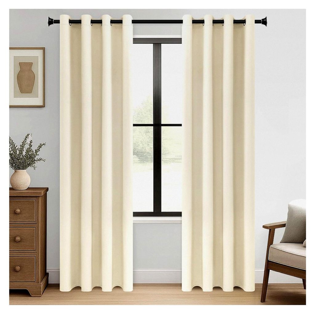 Blickdichte Vorhänge Thermovorhang mit Ösen Verdunklungsvorhang Ösenschal, Kurz 225×140cm (H×B) Beige Creme 2er Set für Hotels Büros Wohnzim...