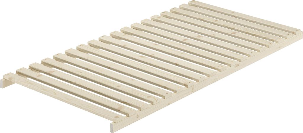 A wooden bed frame slatted base, shown from a diagonal angle.