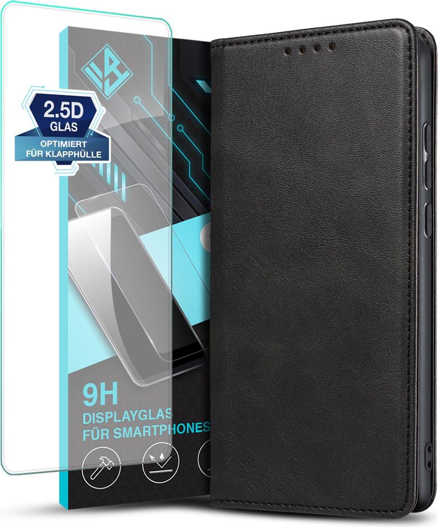 Handyhülle für Xiaomi Redmi Note 14 Pro+ 5G mit 9H Displayglas Kunstleder Flip Cover Hülle Handytasche Case Kartenfach Farbe: Schwarz