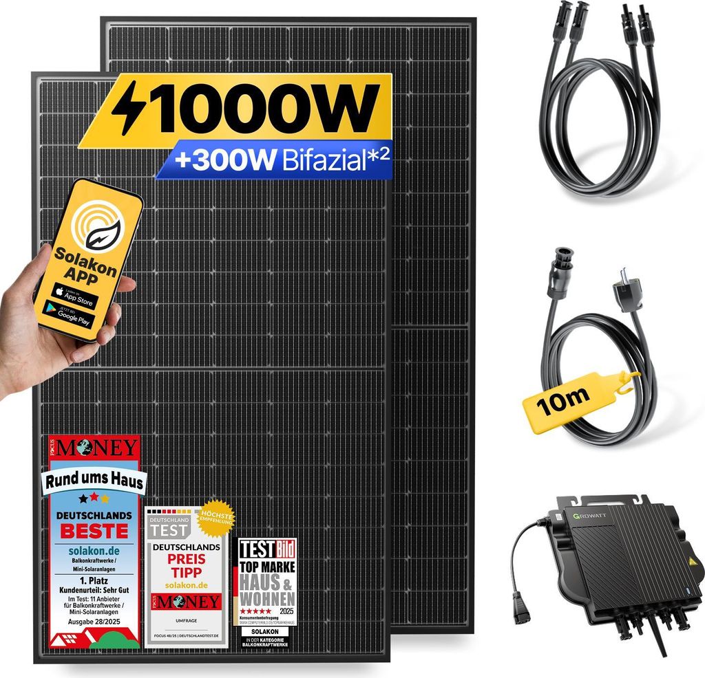Balkonkraftwerk 1000W Solaranlage Steckerfertig Komplettset Photovoltaik Anlage 800W, Kabellänge: 10m, Solakon - onBasic