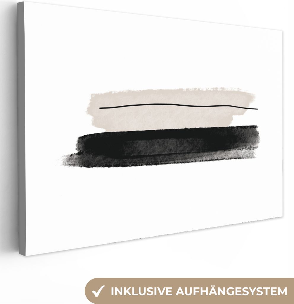 MuchoWow - Leinwandbilder - Abstrakt - Linien - Schwarz - Beige - Kunst, Wandbild, Wanddeko Bilder Wohnzimmer, 30x20 cm