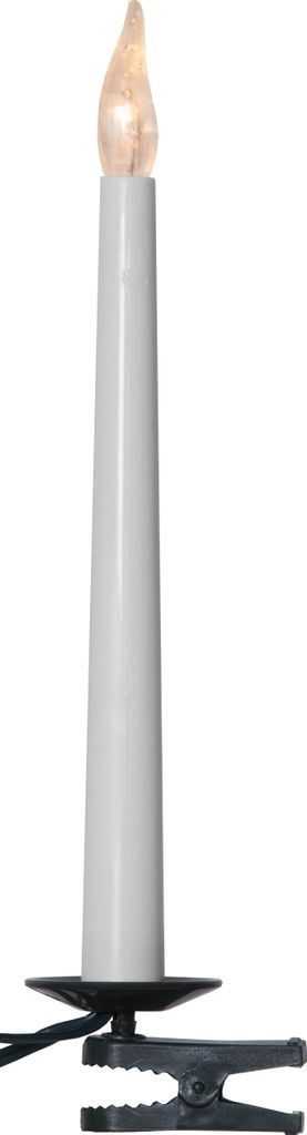 A white LED candle light with a black clip base and a black cord.