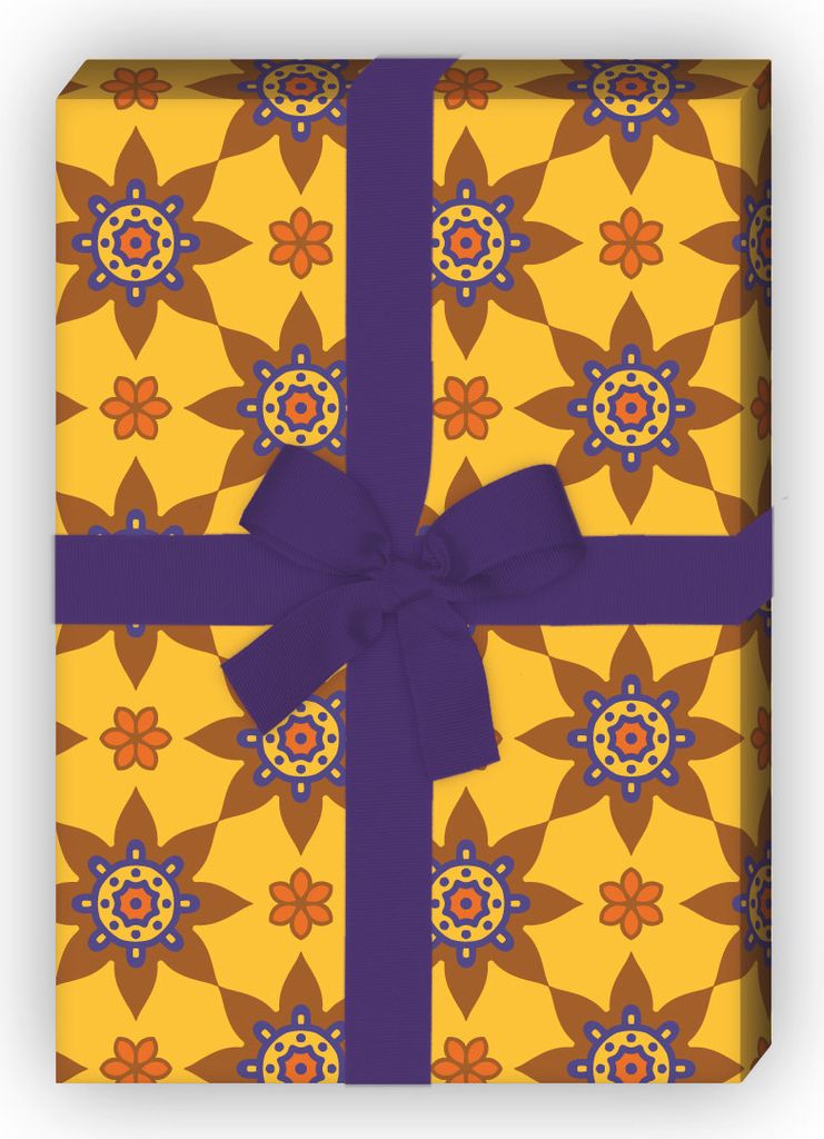 Wunderschönes Sternen Geschenkpapier ethno Stil zu Weihnachten, gelb - G8749, 32 x 48cm