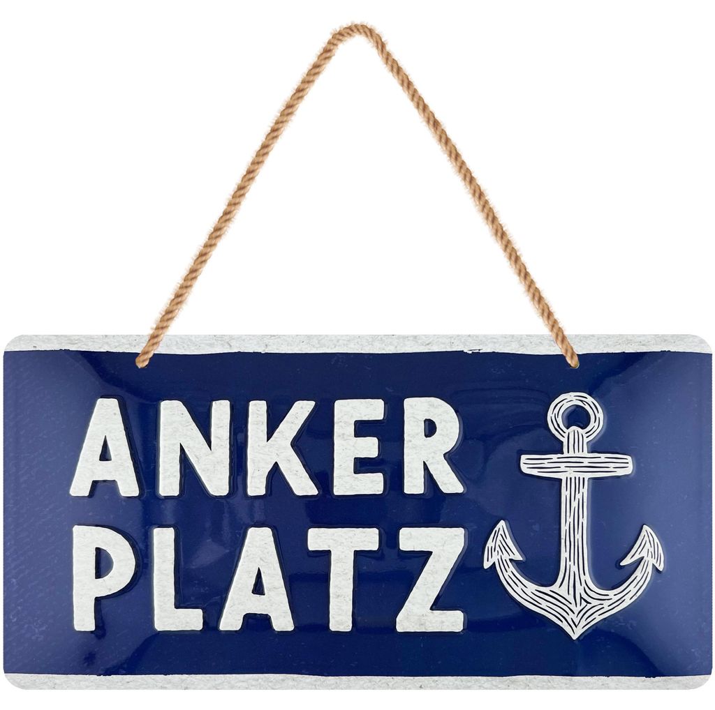 LANOLU Retro Blechschild Ankerplatz, geprägt gestanzt mit Jutekordel, maritime Deko Garten Strandkorb, 16x32 cm