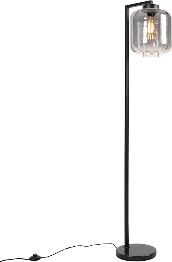 Qazqa Design Stehleuchte, Stehlampe - Qara - Schwarz mit Rauchglas, max. 60W, Geeignet für LED, 153cm, Ideal als Wohnzimmerlampe