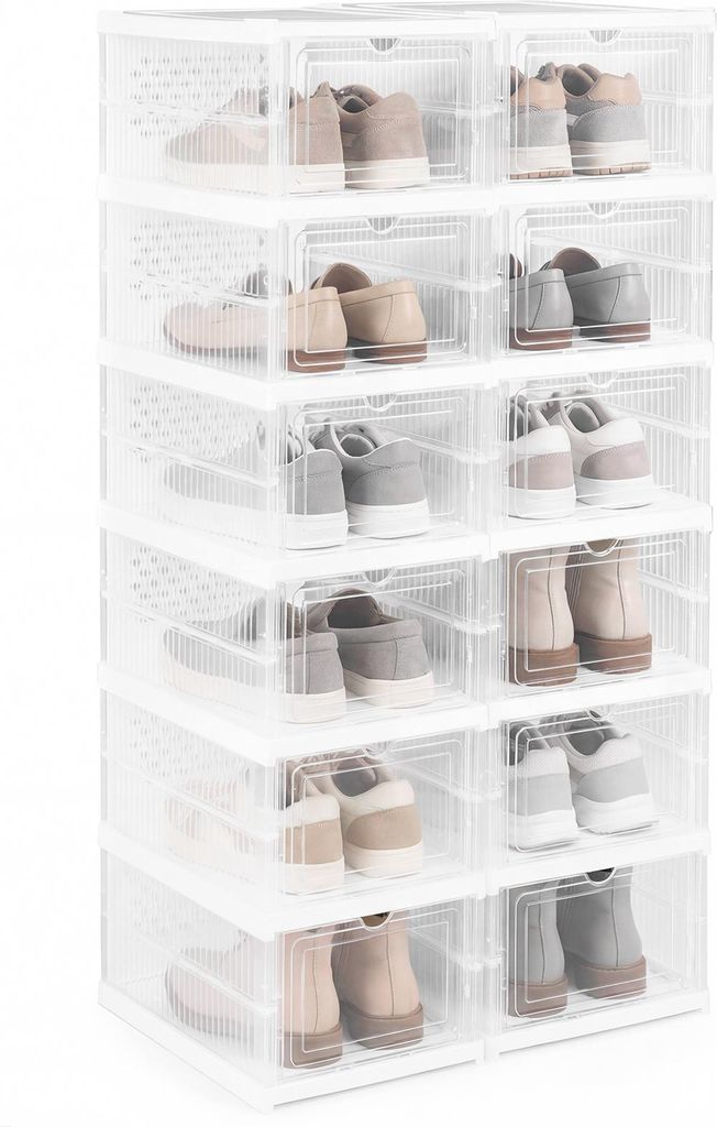 COSTWAY 6-stöckiger Schuhorganizer 2er Set, faltbare Kunststoff-Sneaker-Aufbewahrungsboxen mit Klapptür, tragbares, platzsparendes Schuhregal