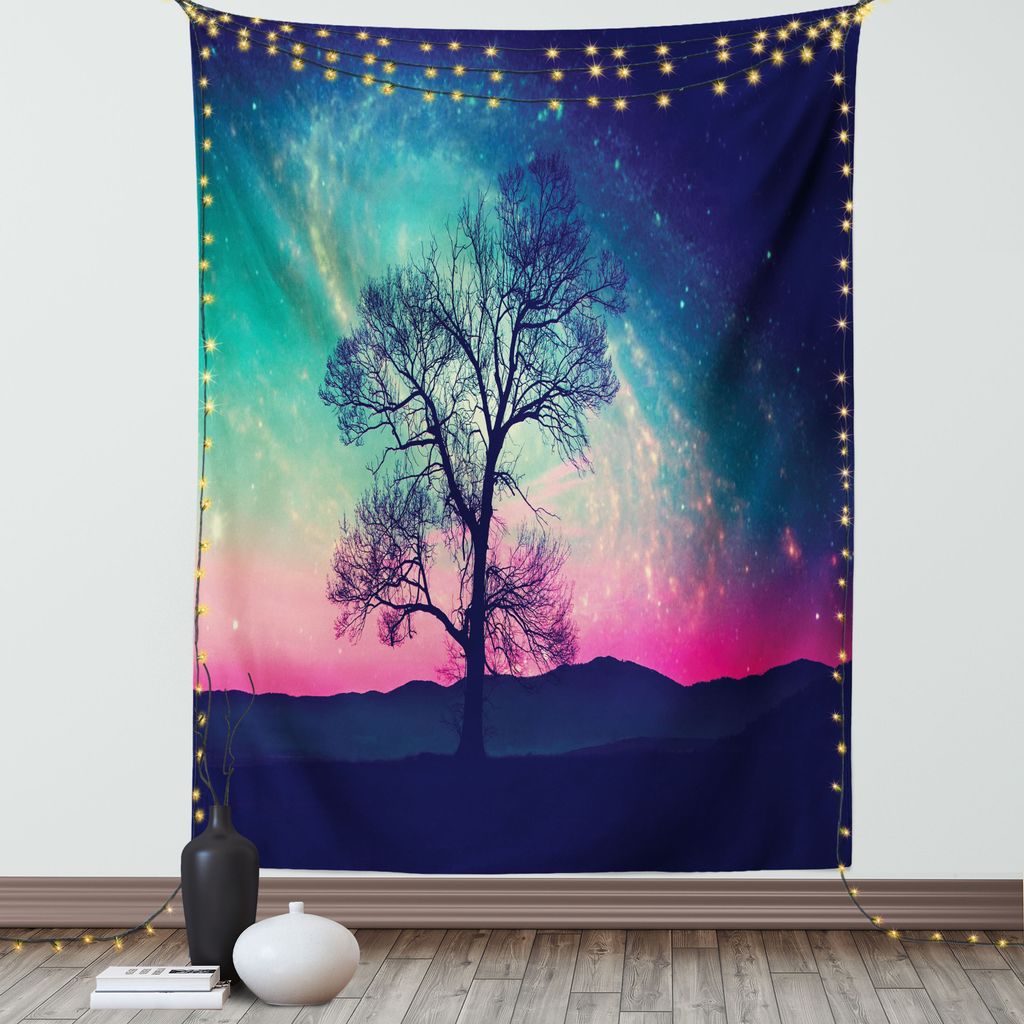 ABAKUHAUS Galaxis Wandteppich, Lebendige Sterne Magische Fantastische Raum Kosmische Einsame Baum Druck, Wohnzimmer Schlafzimmer Seidiger Satin Wan...