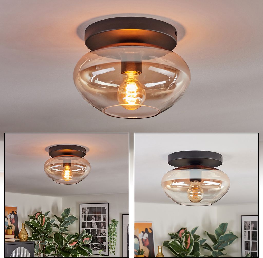 Galatina Deckenlampe aus Metall/Glas in Schwarz/Bernsteinfarben/Klar