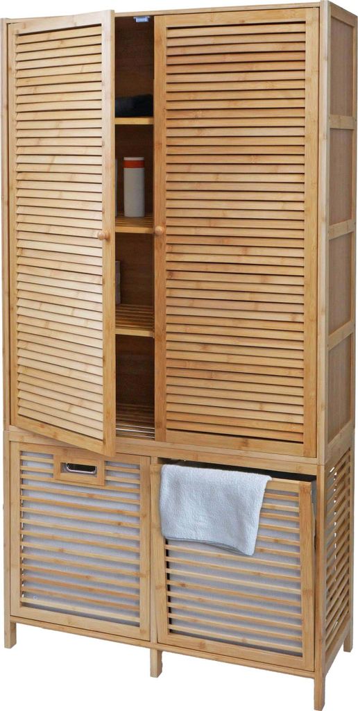 Bambus Badezimmerschrank HWC-N83, Regal Badregal Badschrank Schrank, 2 Wäschekörbe 2 Türen 168x82x34cm