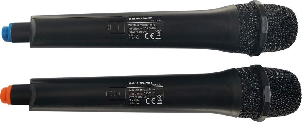 Two black wireless microphones are shown against a white background.