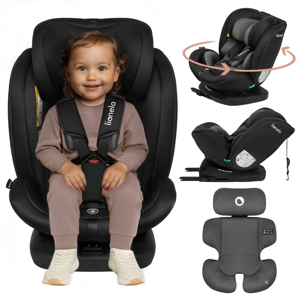 A child sits in a car seat, with additional images showing the car seat's features and accessories.