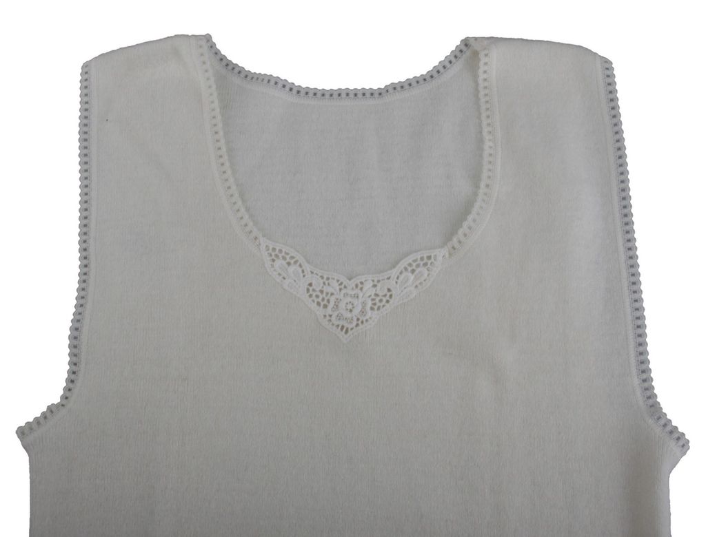 Wärmewäsche Classic Damen-Hemd, ohne Arm 50% Angora mit Spitze natur>>>>Gr. M