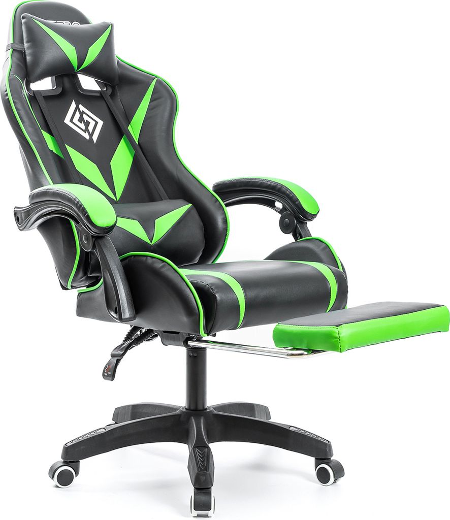 A gaming chair with a footrest, shown from a side angle against a white background.