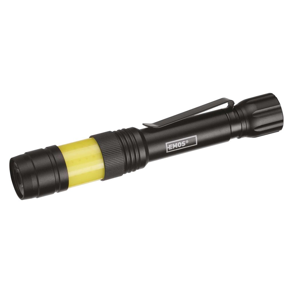 EMOS COB LED Metall-Taschenlampe mit 5 Lichtmodi, leichte wasserdichte Handlampe mit Clip und Magnet, 270lm, 145m, Laufzeit 15 St., P3112