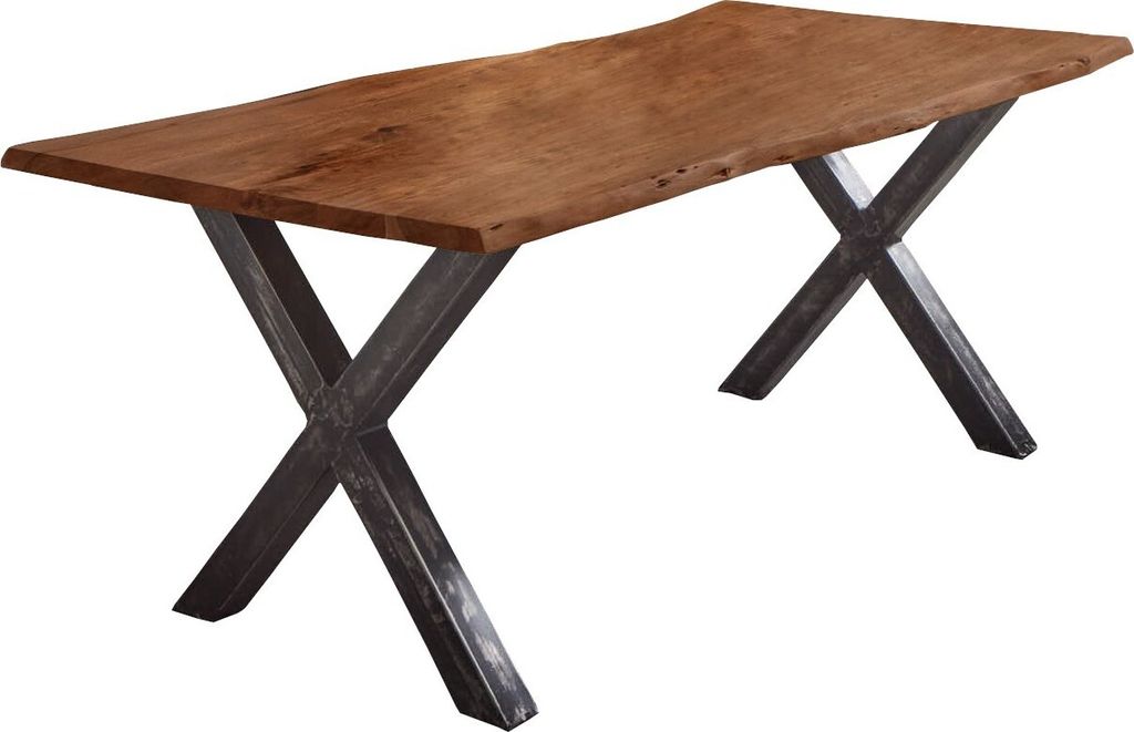 Esstisch Baumkante Akazie nussbaumfarben 300 x 100 cm Vintage X-Gestell schwarz FREDERIK